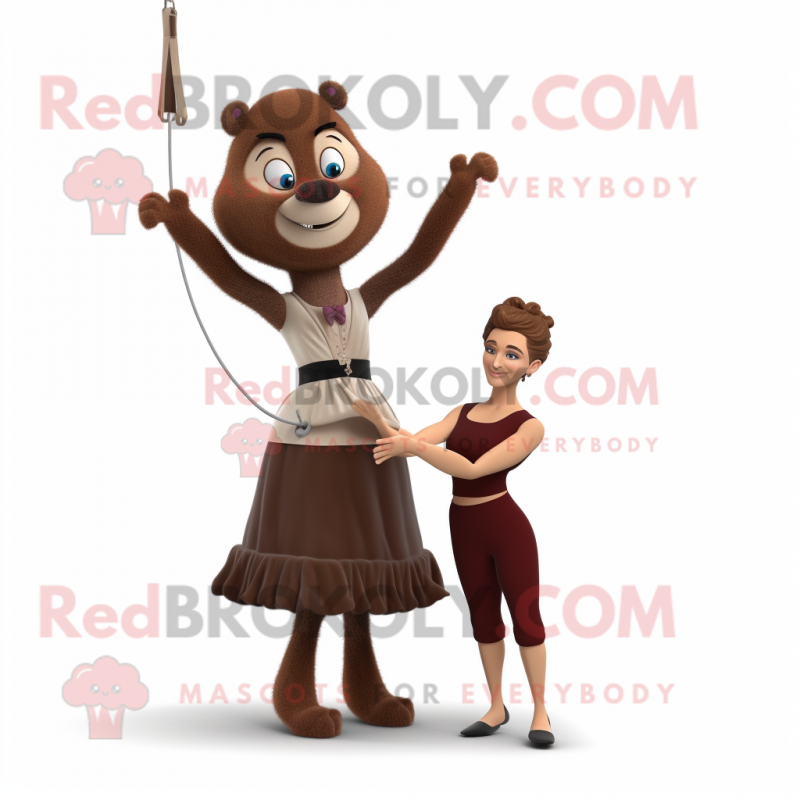 Brown Trapeze Artist mascot costume character dressed with a Evening Gown and Headbands Brown Trapeze Artist mascot costume character dressed with a Evening Gown and Headbands