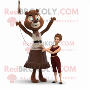 Brown Trapeze Artist mascot costume character dressed with a Evening Gown and Headbands