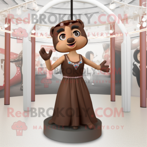 Brown Trapeze Artist mascot costume character dressed with a Evening Gown and Headbands