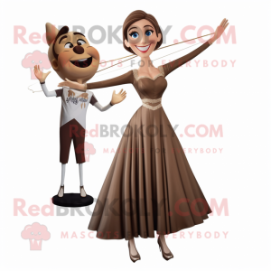 Brown Trapeze Artist mascot costume character dressed with a Evening Gown and Headbands