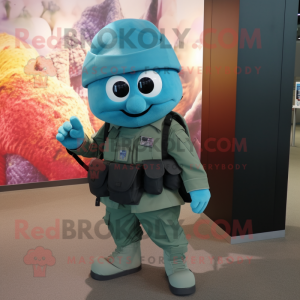 Teal Army Soldier mascot costume character dressed with a Flare Jeans and Messenger bags