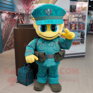 Teal Army Soldier mascot costume character dressed with a Flare Jeans and Messenger bags