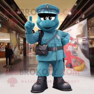 Teal Army Soldier mascot costume character dressed with a Flare Jeans and Messenger bags