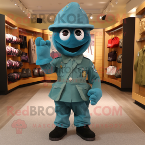 Teal Army Soldier mascot costume character dressed with a Flare Jeans and Messenger bags