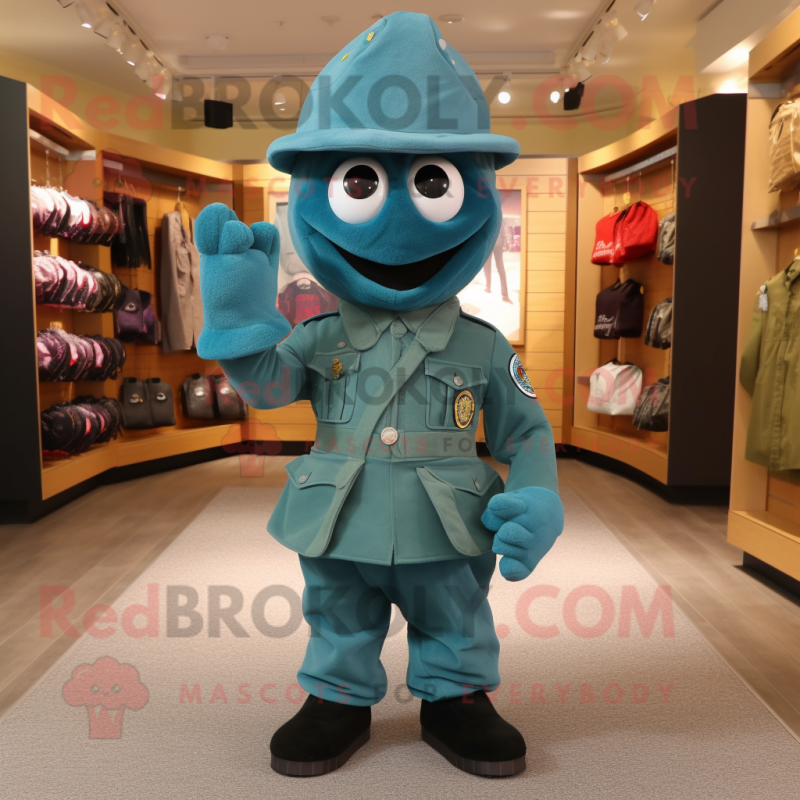 Teal Army Soldier mascot costume character dressed with a Flare Jeans and Messenger bags