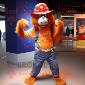 Orange Baboon mascot costume character dressed with a Flare Jeans and Hats