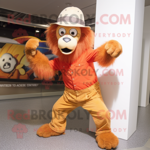 Orange Baboon mascot costume character dressed with a Flare Jeans and Hats