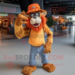 Orange Baboon mascot costume character dressed with a Flare Jeans and Hats