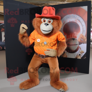 Orange Baboon mascot costume character dressed with a Flare Jeans and Hats