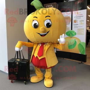 Gold Tomato mascot costume character dressed with a Dress Pants and Messenger bags