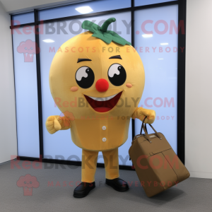 Gold Tomato mascot costume character dressed with a Dress Pants and Messenger bags