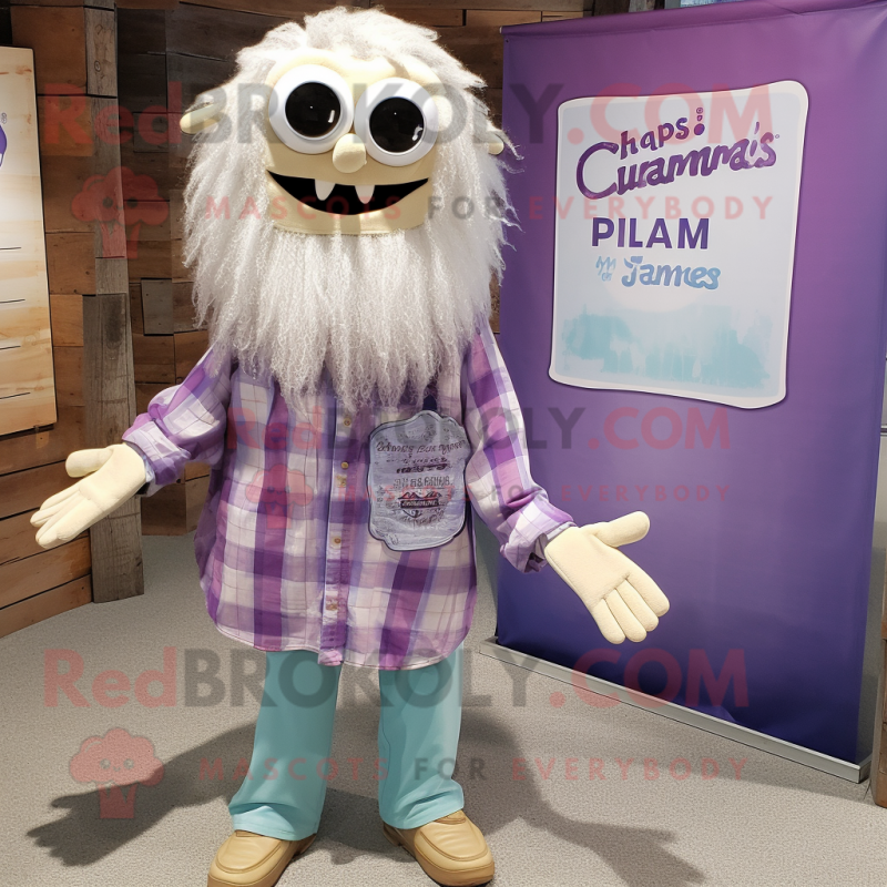 Lavender Fried Calamari mascot costume character dressed with a Flannel Shirt and Ties