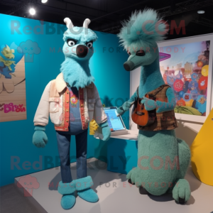 Turquoise Llama mascot costume character dressed with a Boyfriend Jeans and Brooches