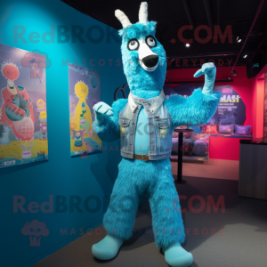 Turquoise Llama mascot costume character dressed with a Boyfriend Jeans and Brooches