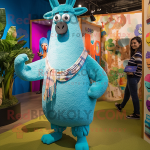 Turquoise Llama mascot costume character dressed with a Boyfriend Jeans and Brooches