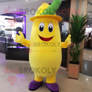 Lemon Yellow Eggplant mascot costume character dressed with a Playsuit and Hats