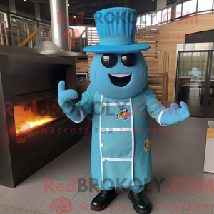 Maskotkarakter af en cyan...