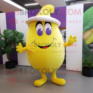 Lemon Yellow Eggplant mascot costume character dressed with a Playsuit and Hats