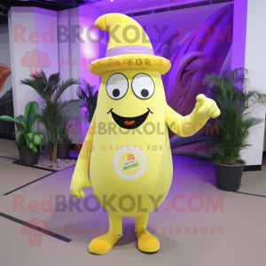 Lemon Yellow Eggplant mascot costume character dressed with a Playsuit and Hats