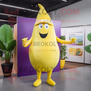 Lemon Yellow Eggplant mascot costume character dressed with a Playsuit and Hats