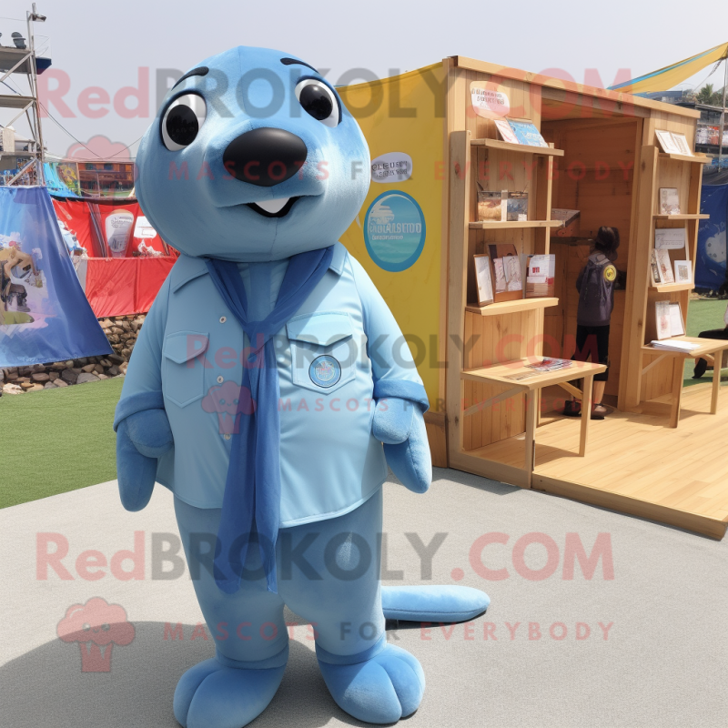 Sky Blue Sea Lion mascot costume character dressed with a Chambray Shirt and Earrings