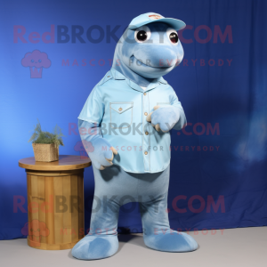 Sky Blue Sea Lion mascot costume character dressed with a Chambray Shirt and Earrings