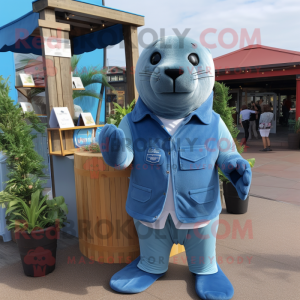 Sky Blue Sea Lion mascot costume character dressed with a Chambray Shirt and Earrings