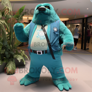 Teal Giant Sloth mascot costume character dressed with a Flare Jeans and Belts