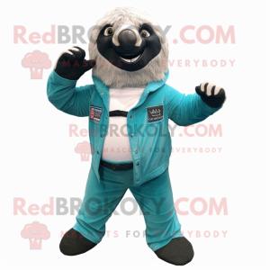 Teal Giant Sloth mascot costume character dressed with a Flare Jeans and Belts