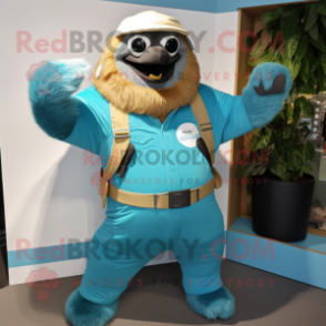 Teal Giant Sloth mascot costume character dressed with a Flare Jeans and Belts