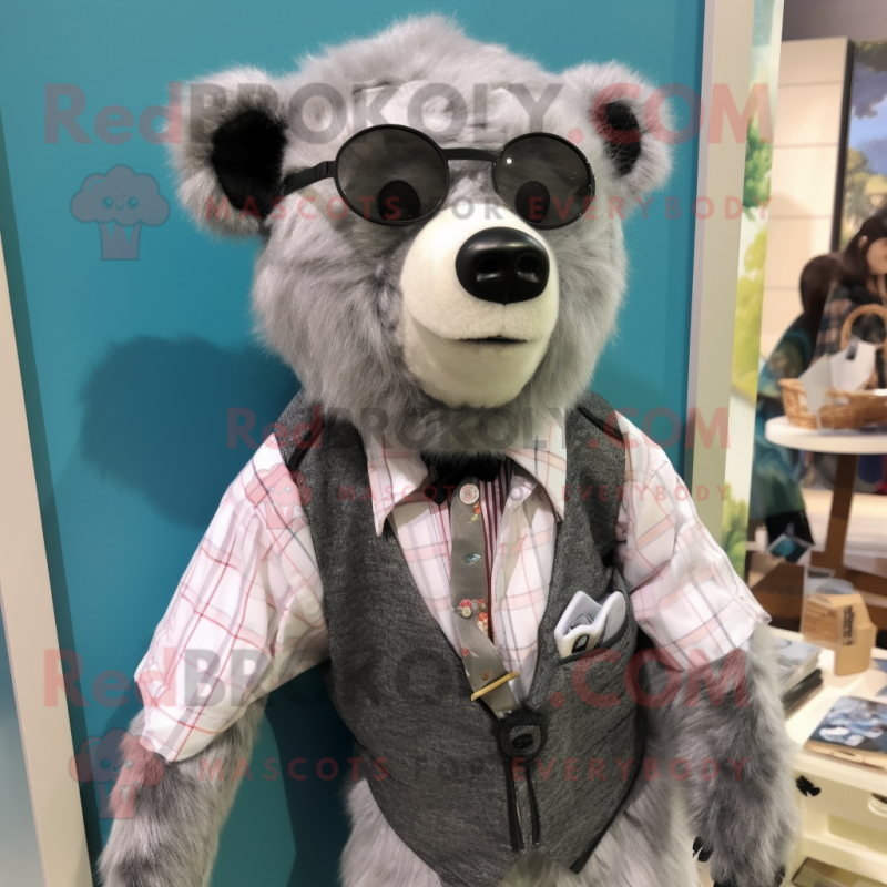 Silver Spectacled Bear mascot costume character dressed with a Cardigan and Ties