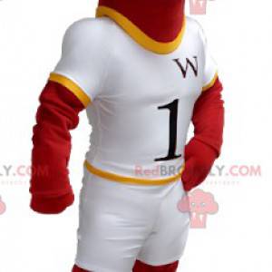 Mascote cavalo vermelho e amarelo em roupa branca -