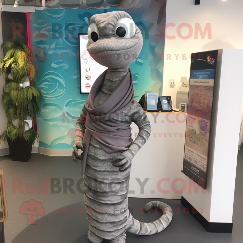 Gray Snake mascot costume character dressed with a Midi Dress and Scarves