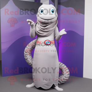 Gray Snake mascot costume character dressed with a Midi Dress and Scarves