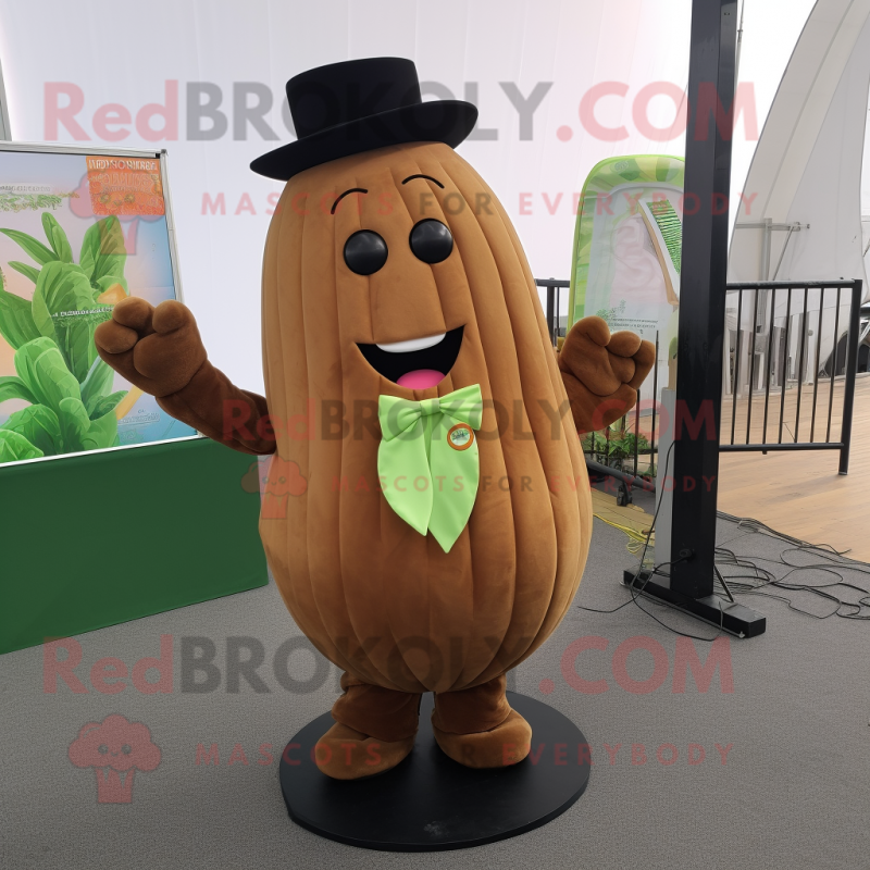Brown Zucchini mascot costume character dressed with a Suit Pants and Hairpins