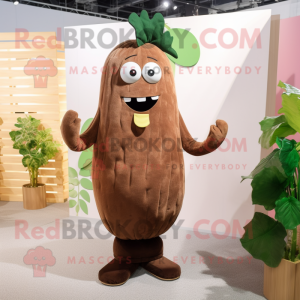 Brown Zucchini mascot costume character dressed with a Suit Pants and Hairpins