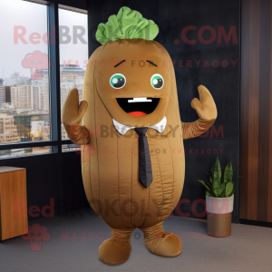 Brown Zucchini mascot costume character dressed with a Suit Pants and Hairpins