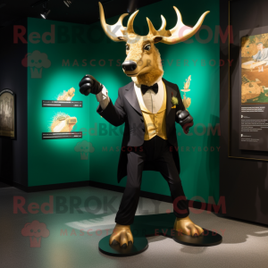 Gold Irish Elk mascot costume character dressed with a Tuxedo and Gloves