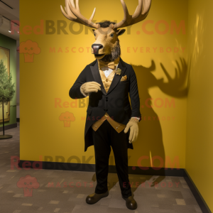 Gold Irish Elk mascot costume character dressed with a Tuxedo and Gloves