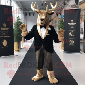 Gold Irish Elk mascot costume character dressed with a Tuxedo and Gloves