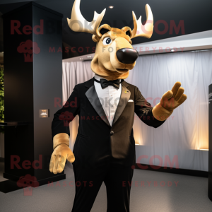 Gold Irish Elk mascot costume character dressed with a Tuxedo and Gloves