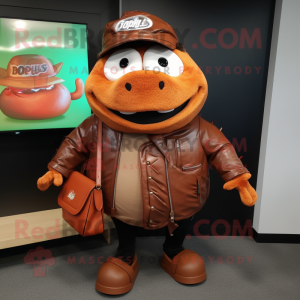 Rust Pulled Pork Sandwich mascot costume character dressed with a Leather Jacket and Wallets