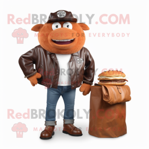 Rust Pulled Pork Sandwich mascot costume character dressed with a Leather Jacket and Wallets