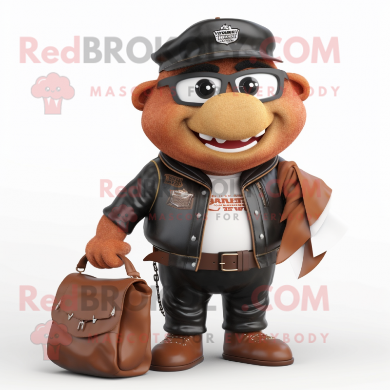 Rust Pulled Pork Sandwich mascot costume character dressed with a Leather Jacket and Wallets Rust Pulled Pork Sandwich mascot costume character dressed with a Leather Jacket and Wallets