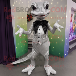 Silver Geckos mascot costume character dressed with a Evening Gown and Bow ties