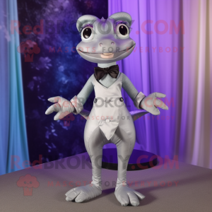 Silver Geckos mascot costume character dressed with a Evening Gown and Bow ties