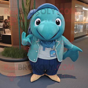 Teal Humpback Whale mascot costume character dressed with a Vest and Rings
