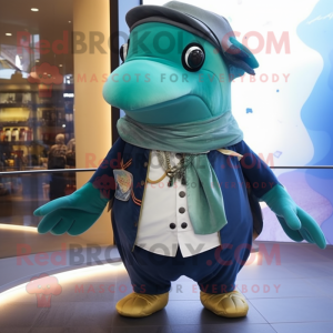 Teal Humpback Whale mascot costume character dressed with a Vest and Rings