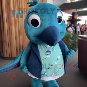 Teal Humpback Whale mascot costume character dressed with a Vest and Rings