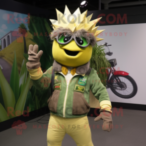 Olive Pineapple mascot costume character dressed with a Moto Jacket and Suspenders